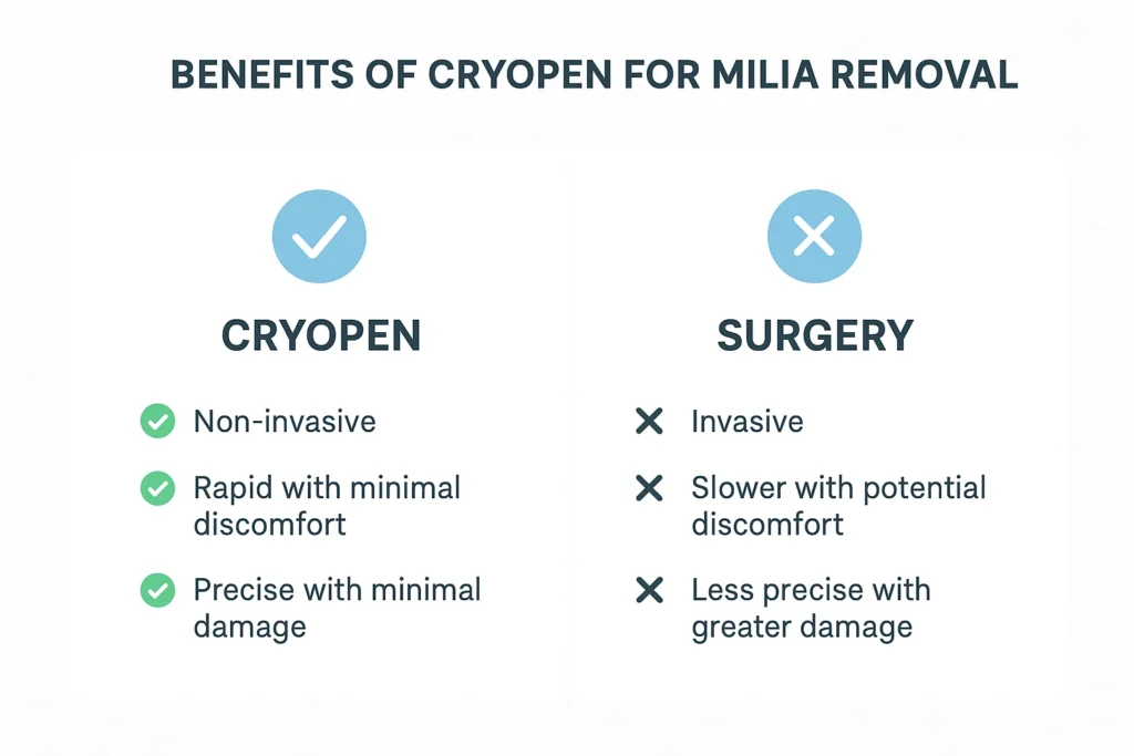Benefits of cryopen for milia removal Greater London (Redbridge) compared to surgical treatments.