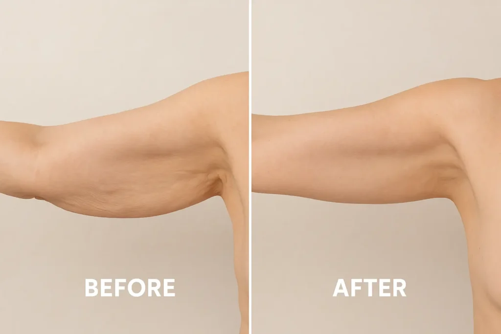 Picture of LA LIPO Greater London (Redbridge) before and after results of skin tightening treatment on the upper arms.