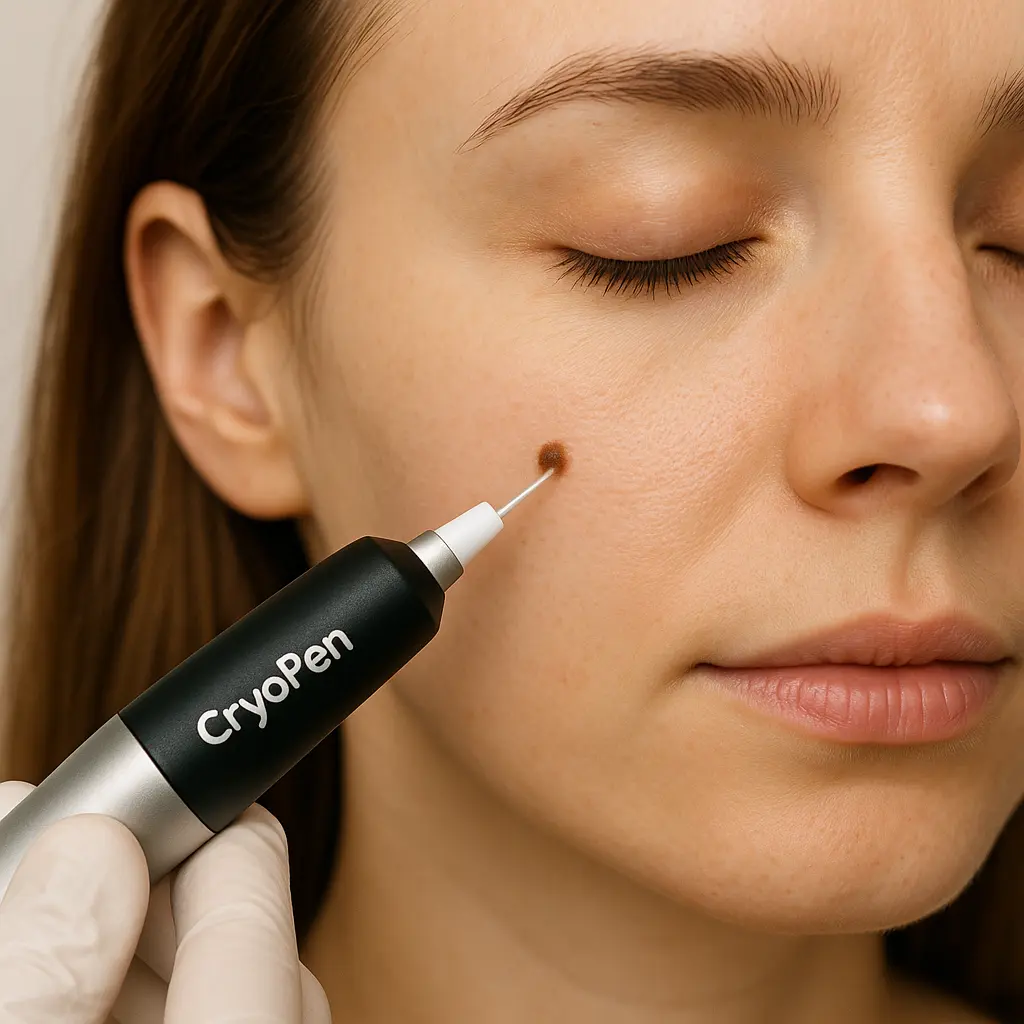 woman receiving facial mole removal Greater London (Redbridge) using cryopen