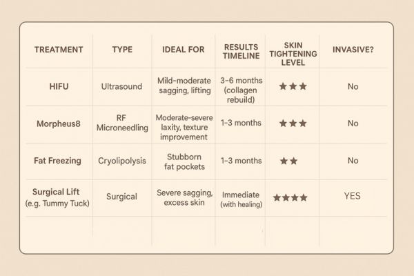Table showing the comparisons of Skin tightening Greater London (Redbridge) treatment options. 